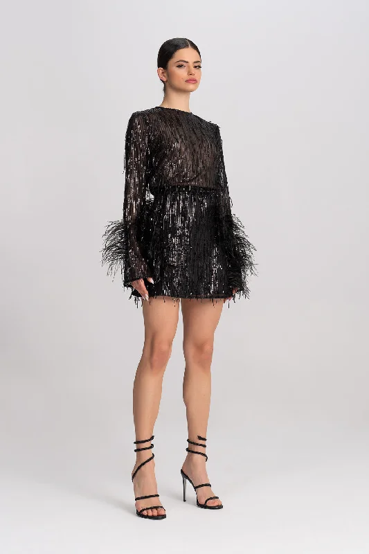 Lace overlay dress-‘Chantal’ Feather And Sequins-Embellished Mini Dress