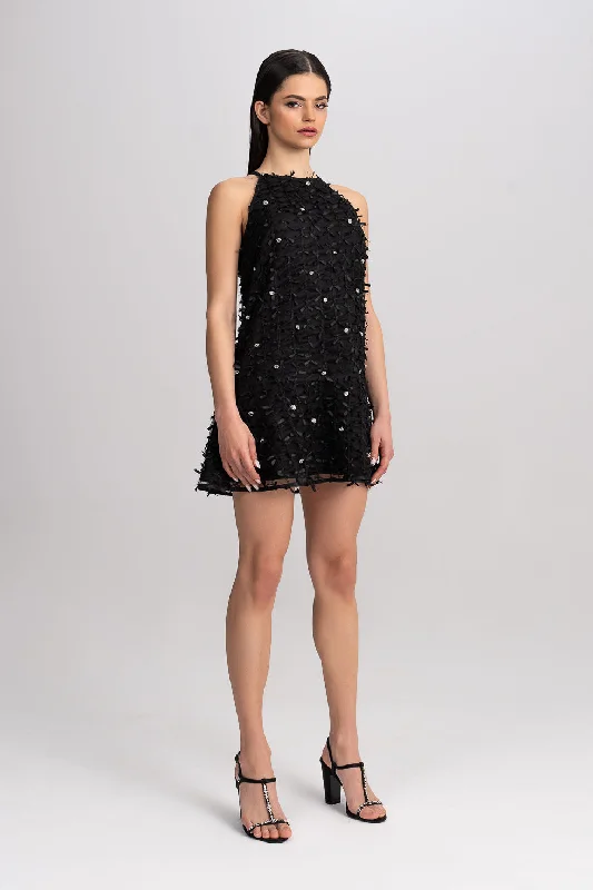 Peplum cocktail dress-'Aminah' Crystal-Embellished Black Mini Dress