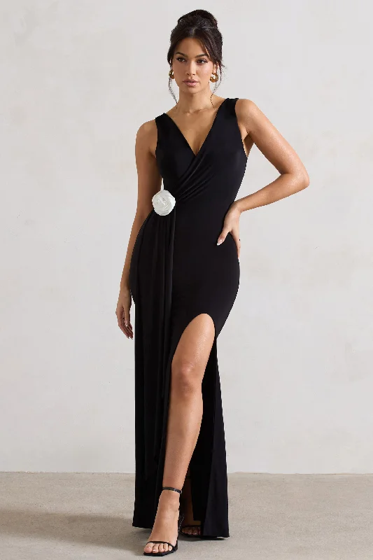 Short sleeve cocktail dress-Endora | Black Split Maxi Dress With Corsage & Drape