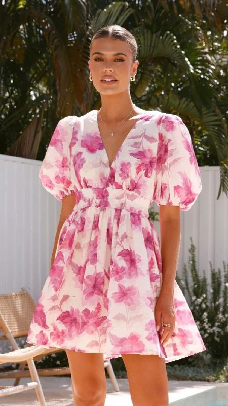 Off-shoulder evening dress-Erin Mini Dress - Pink Floral