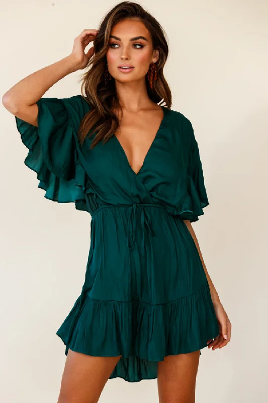 Pleated evening dress-Esme V-Neckline Drawstring Waist Dress Jade