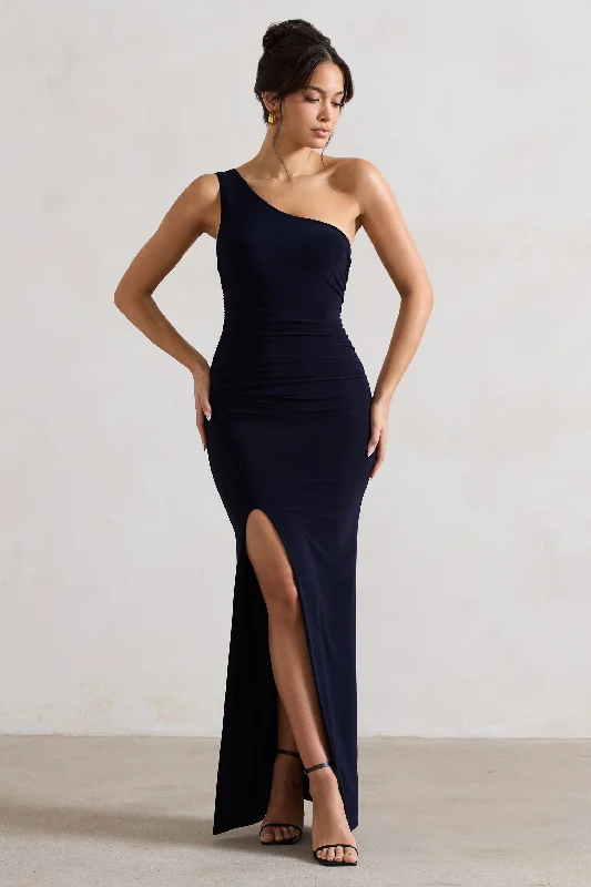 Long sleeve maxi dress-Ethereal | Navy One Shoulder Ruched Split Maxi Dress