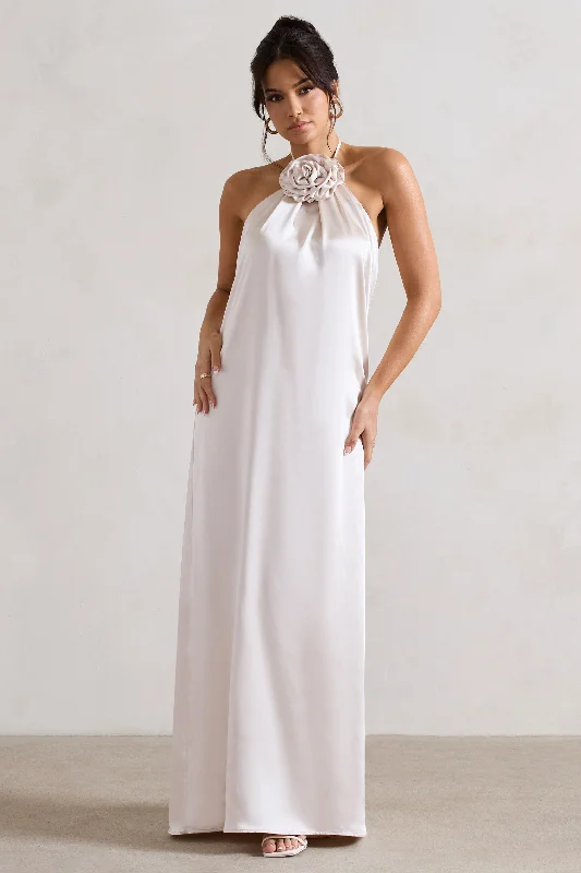 Floral prom dress-Everleigh | Cream Satin Relaxed Fit Maxi Column Dress With Corsage