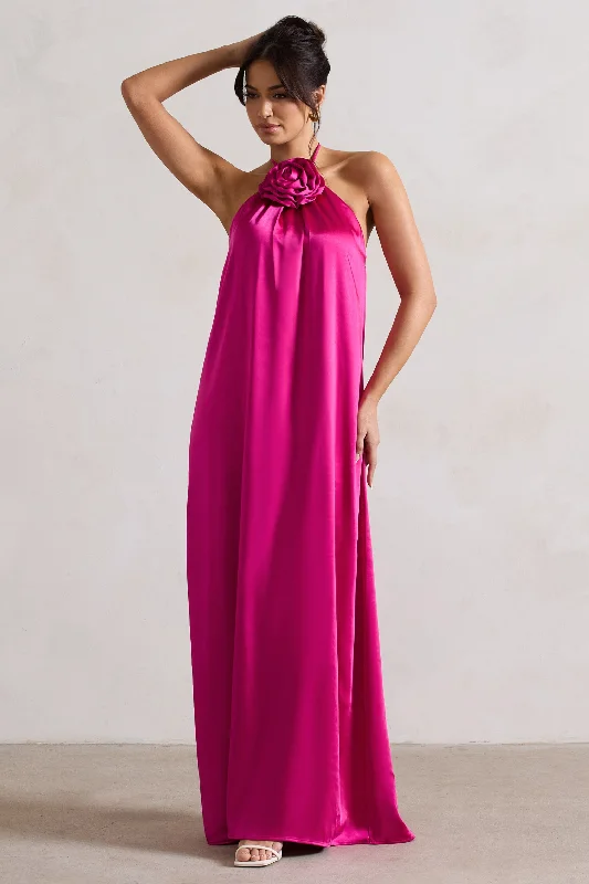 Polka dot evening dress-Everleigh | Dark Pink Satin Relaxed Fit Maxi Column Dress With Corsage