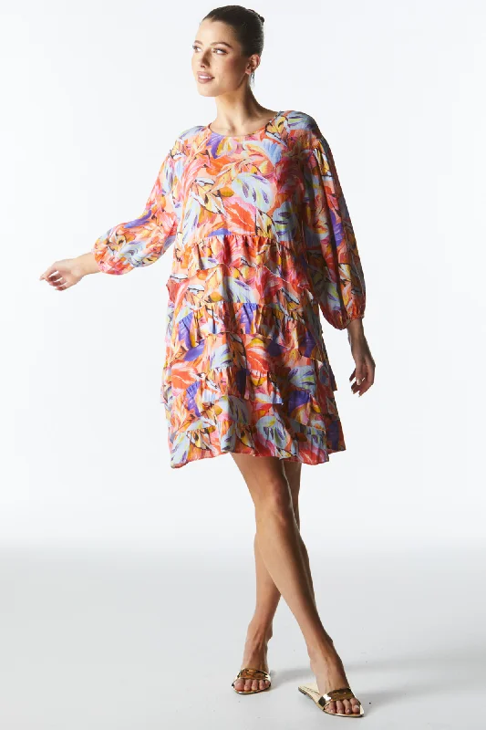 Smocked cocktail dress-Fate Midsummer Ruffle Long Sleeve Mini Dress Sunset Palm