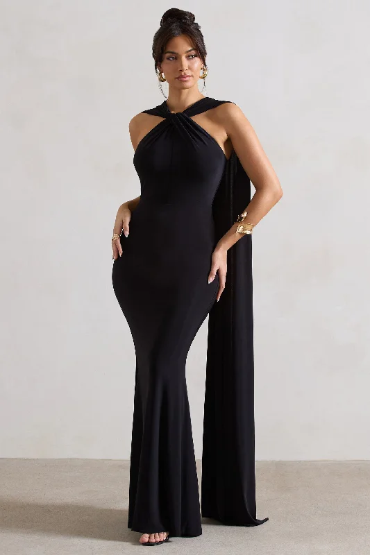 Asymmetrical hem dress-First Glance | Black Twist-Neck Cape Maxi Dress