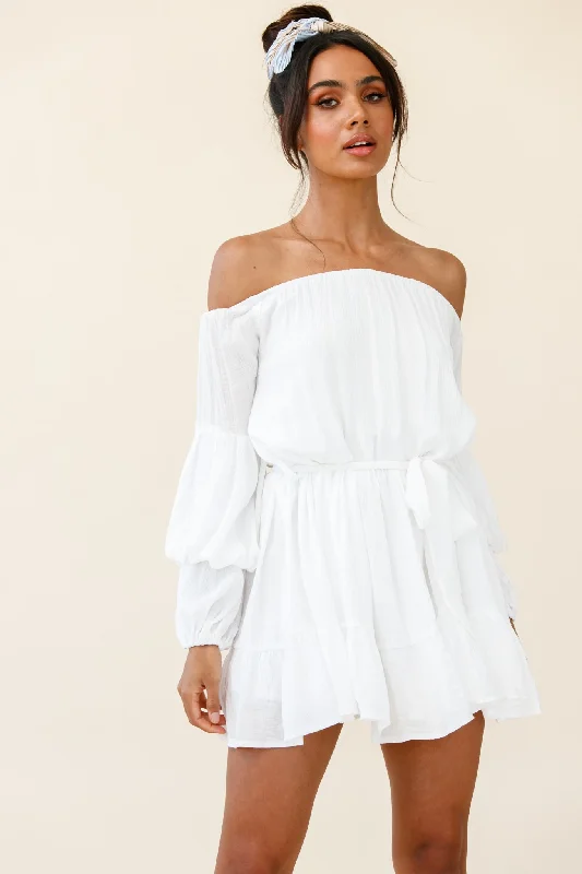 Ruffled prom dress-Frida Off-Shoulder Waist Tie Dress White