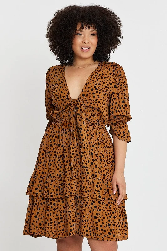 Polka dot party dress-Geo Print Front Tied Dress