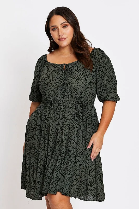 Bohemian lace dress-Green Animal Print 3/4 Sleeve Button Up Dress