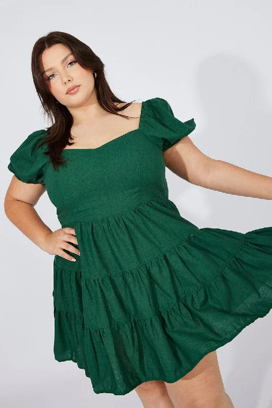 Floral summer dress-Green Puff Sleeve Skater Dress Sweetheart Neck