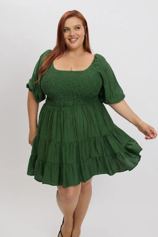 Long sleeve sundress-Green Shirred Bodice Puff Sleeve Tiered Mini Dress