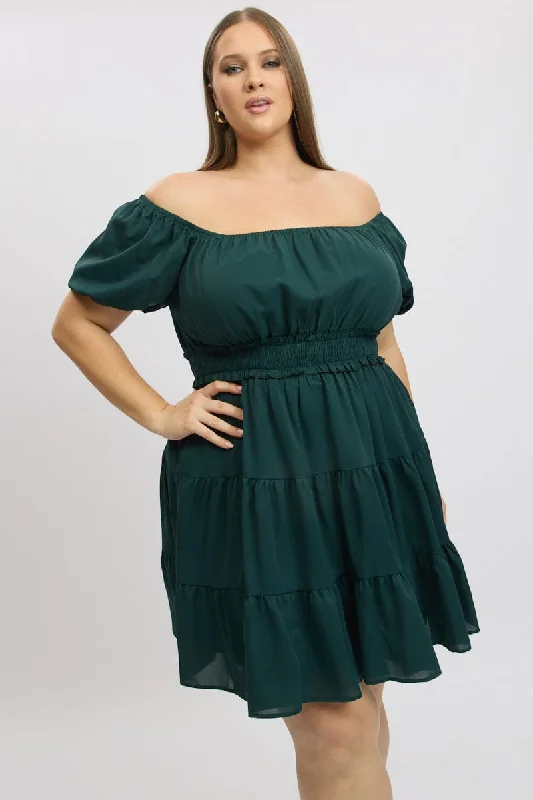 Ruffled party dress-Green Shirred Waistband Tiered Minidress