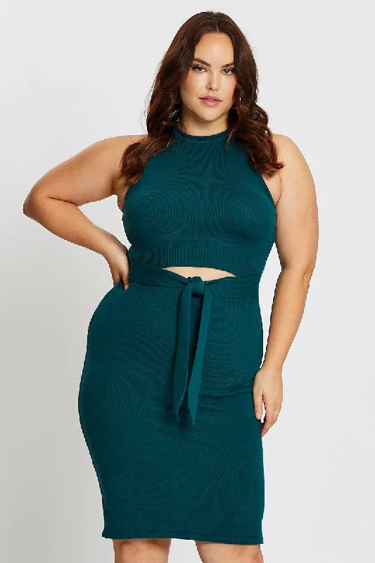 Off-shoulder sundress-Green Sleeveless Tie Front Knitted Dress