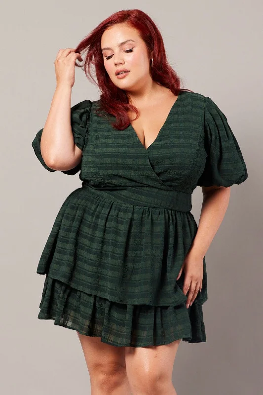 Off-shoulder evening dress-Green Textured Puff Sleeve Frill Dress