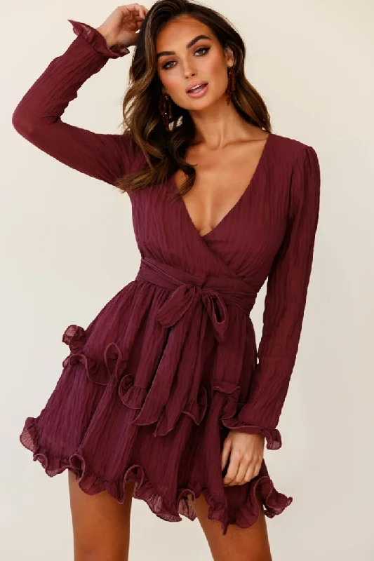 Satin midi dress-Greta Tiered Ruffle Chiffon Dress Wine