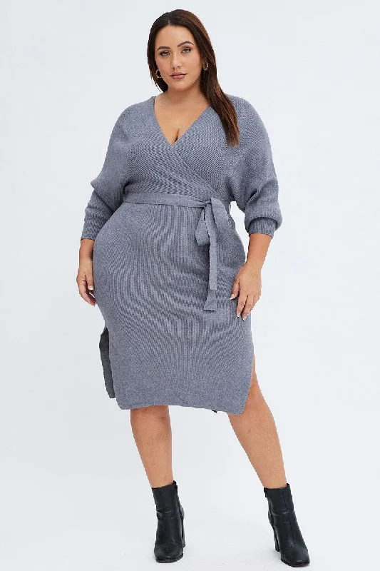 Lace sundress-Grey Knit Dress Knee Length Crossover