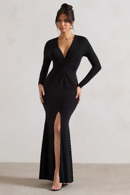 Glitter maxi dress-Tianna | Black Plunge-Neck Twisted Split Maxi Dress