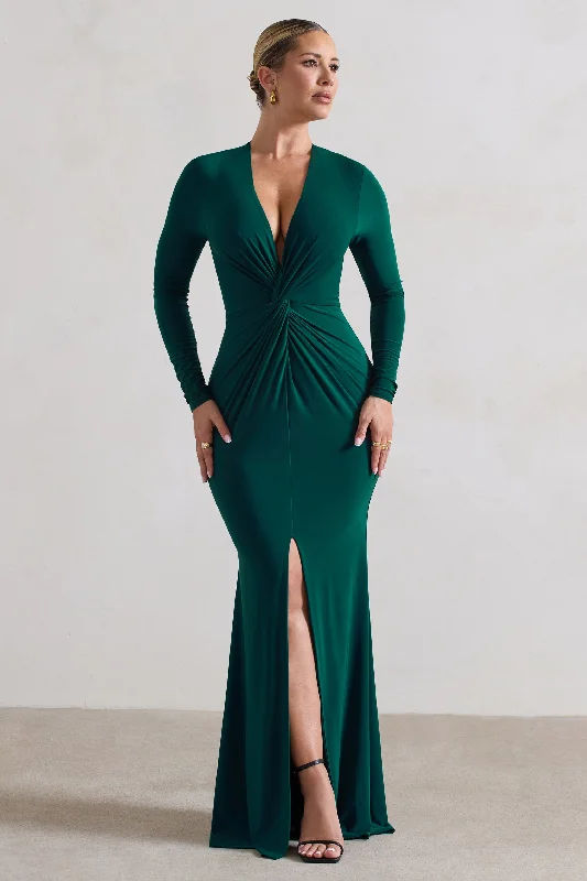 Long sleeve party dress-Tianna | Bottle Green Plunge-Neck Twisted Split Maxi Dress