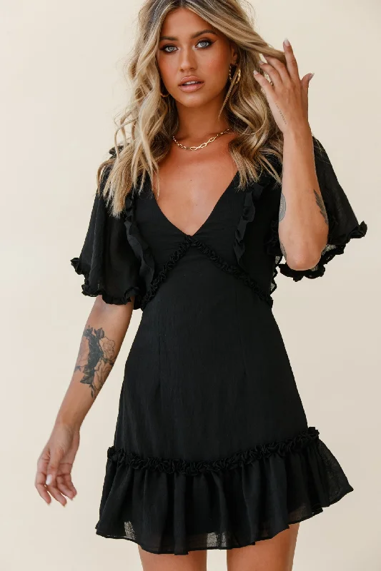 Tiered sundress-Halo V-Neckline Frill Detail Dress Black