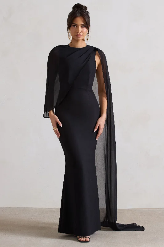 Strapless party dress-Haze | Black High-Neck Maxi Dress With Chiffon Cape