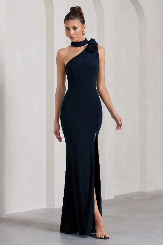 Off-shoulder cocktail dress-In Suspense | Navy One Shoulder Halter-Neck Split Maxi Dress With Flower