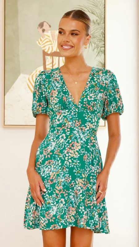 Off-shoulder cocktail dress-Itzel Mini Dress - Green Floral