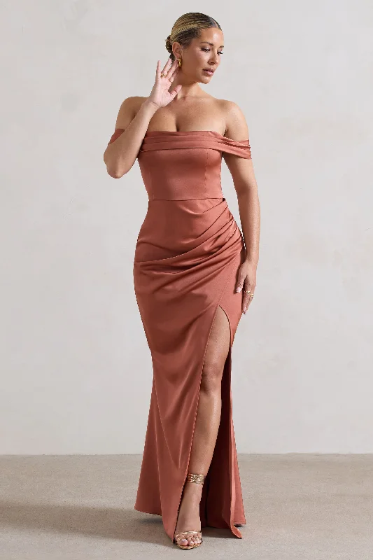 Long flared dress-Katia | Rust Satin Bardot Fishtail Maxi Dress