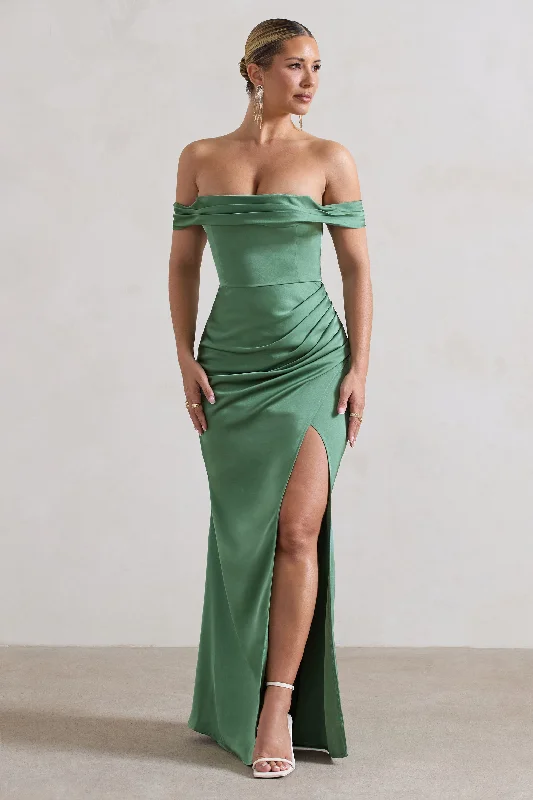 Short skater dress-Katia | Soft Green Satin Bardot Fishtail Maxi Dress