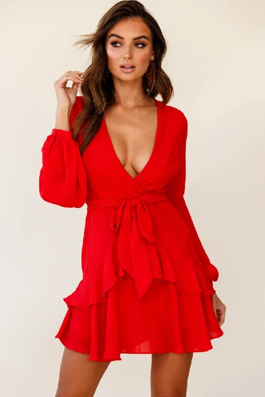 Short sleeve party dress-Kerry Layered Balloon Sleeve Dress Red