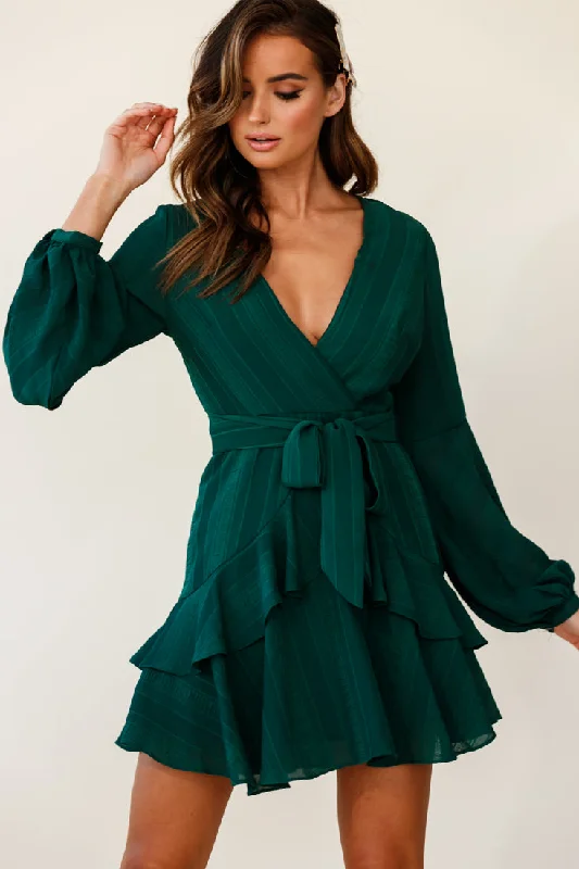 Short sleeve maxi dress-Kerry Layered Balloon Sleeve Dress Stripe Green