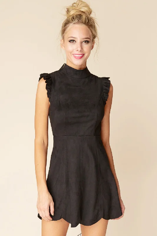 Tiered ruffle dress-Kylie Ruffled Sleeve Suede Dress Black