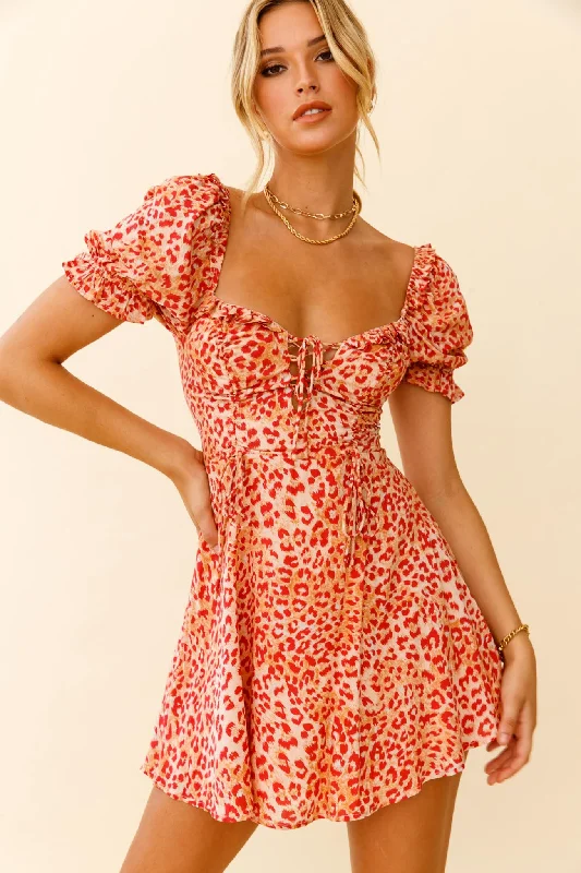 Long sleeve sundress-La Quinta Lace-Up Bust Drawstring Detail A-Line Dress Leopard Print Orange