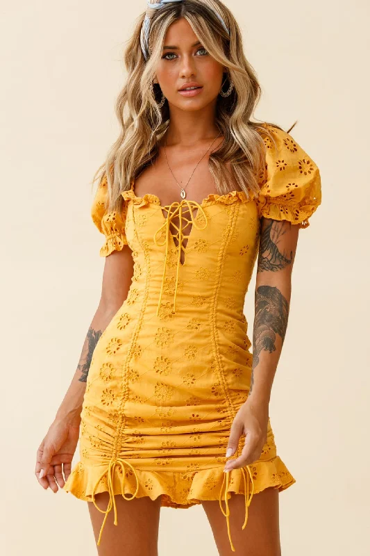 Satin party dress-La Quinta Lace-Up Bust Drawstring Detail Anglaise Dress Yellow