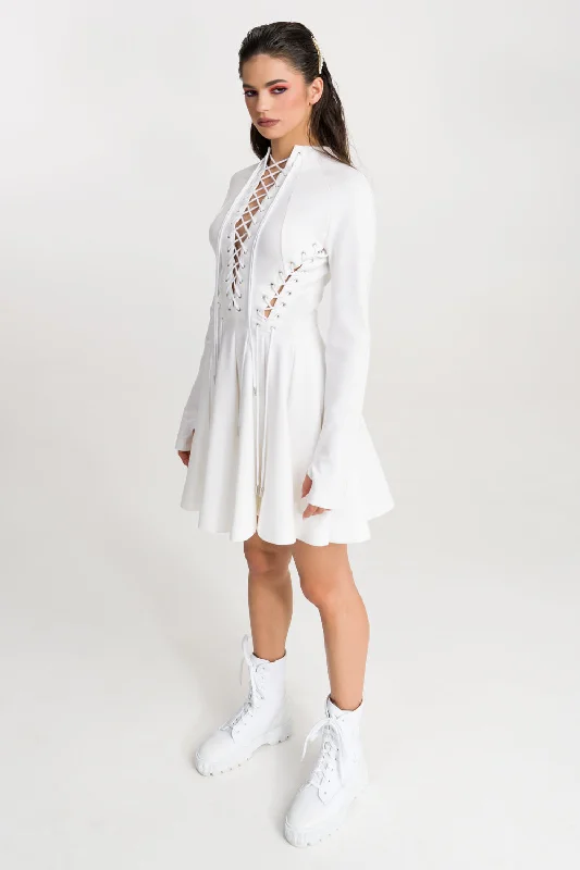 Glitter cocktail dress-‘Kendall’ Lace-Up Ruffled White Stretch-Jersey Mini Dress