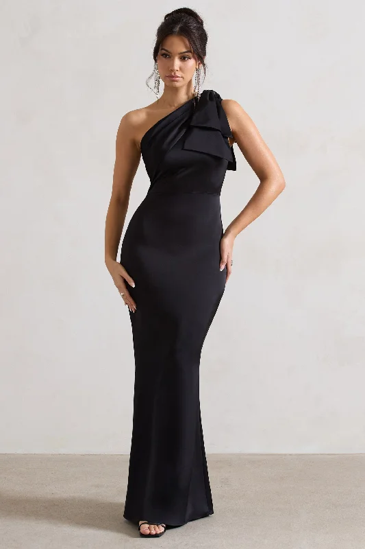 Flowy beach dress-Lady | Black Satin One Shoulder Maxi Dress With Bow