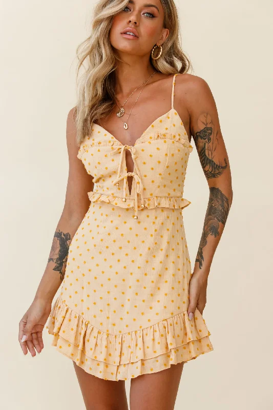 Lace sundress-Lady Marmalade String Tie Bust Frill Dress Spotty Yellow