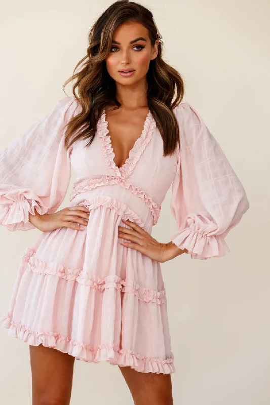 Satin cocktail dress-Laney Cutout Back Balloon Sleeve Dress Baby Pink