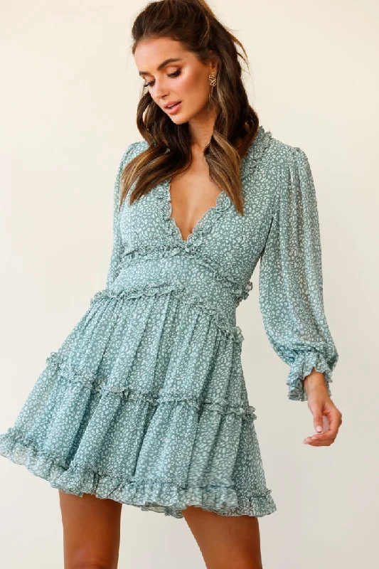 Ruffled sundress-Laney Cutout Back Balloon Sleeve Dress Speckle Print Olive