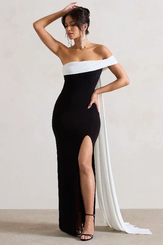 Tiered midi dress-Legacy | Black & White Bardot Split Maxi Dress With Drape