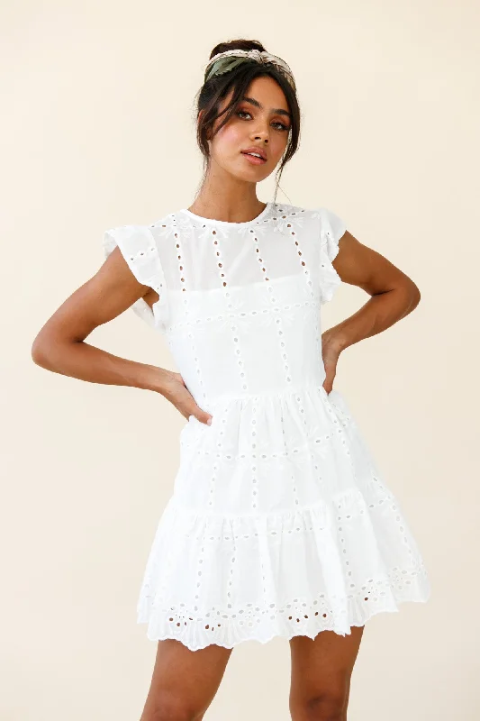 Fringe party dress-Louise Cap Sleeve Eyelet Embroidery Dress White