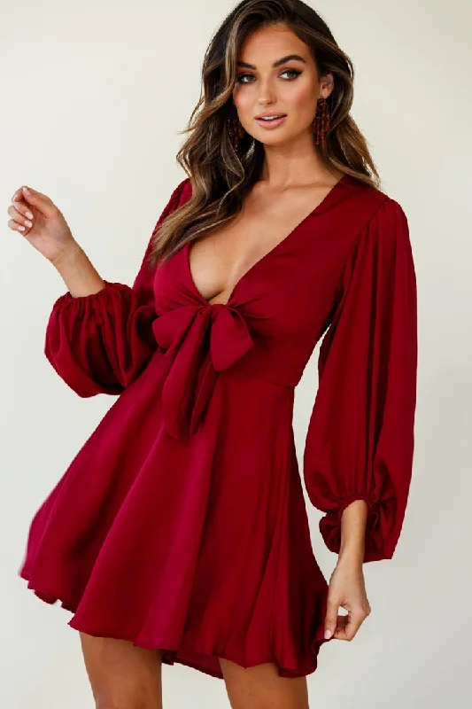 Tiered evening dress-Madison Bow Tie Bust Balloon Sleeve Dress Wine