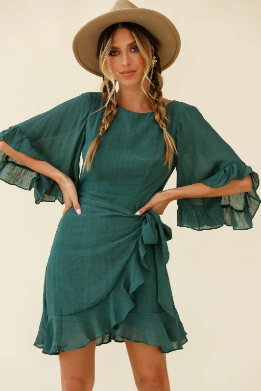 V-neck evening dress-Make It Happen Flared Sleeve Ruffle Trim Dress Green