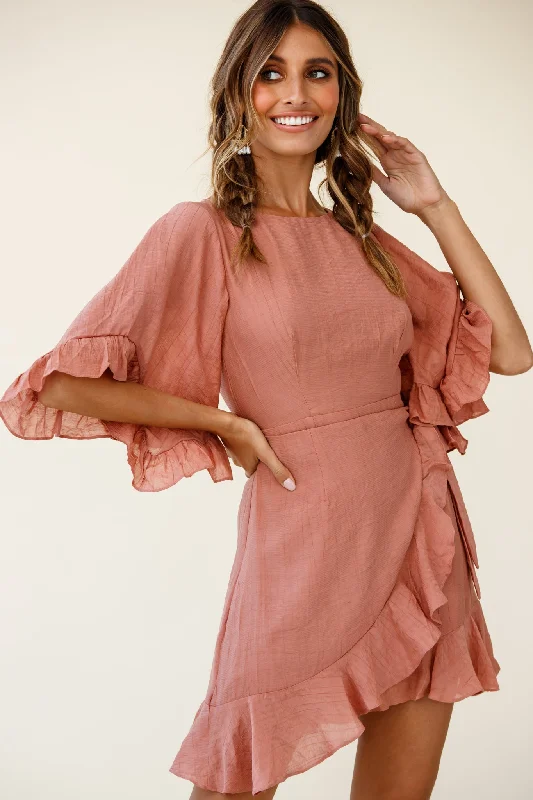 Striped prom dress-Make It Happen Flared Sleeve Ruffle Trim Dress Rose