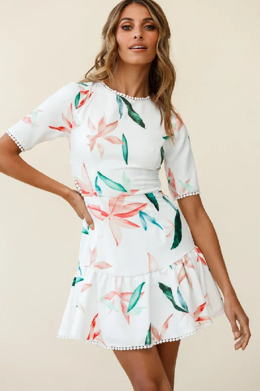 Satin midi dress-Manuela Half Sleeve Lace-Up Back Dress Leaf Print White