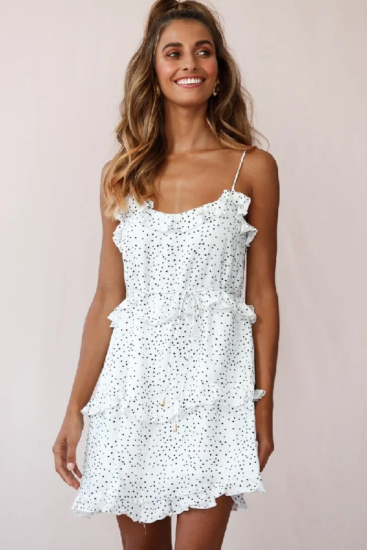 Pleated cocktail dress-Maria Frill Trim Polka Dot Dress White