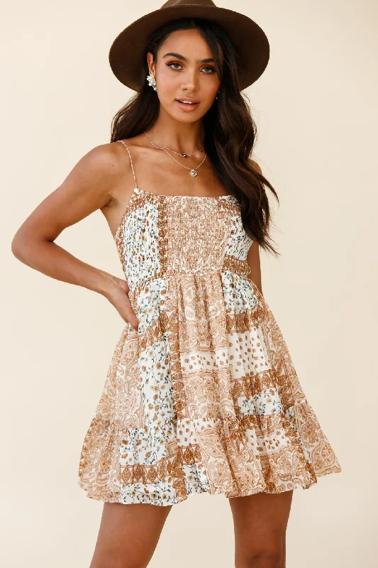 Corset cocktail dress-Marja Cami Strap Shirred Baby Doll Dress Paisley Print Tan