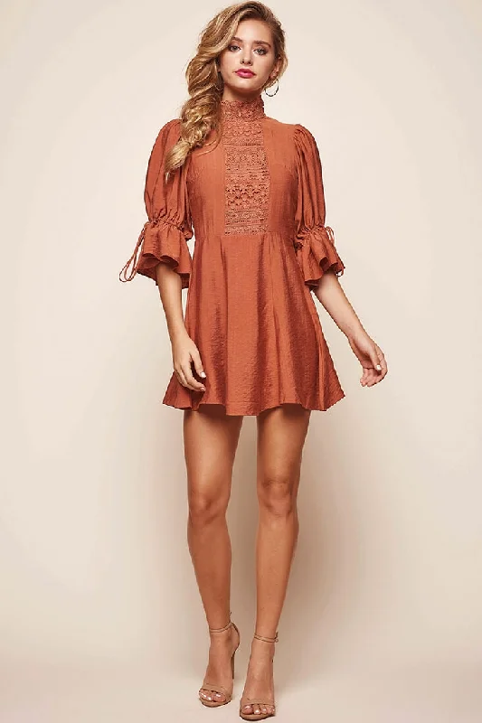 Polka dot wrap dress-Martha High Neck Babydoll Dress Rust