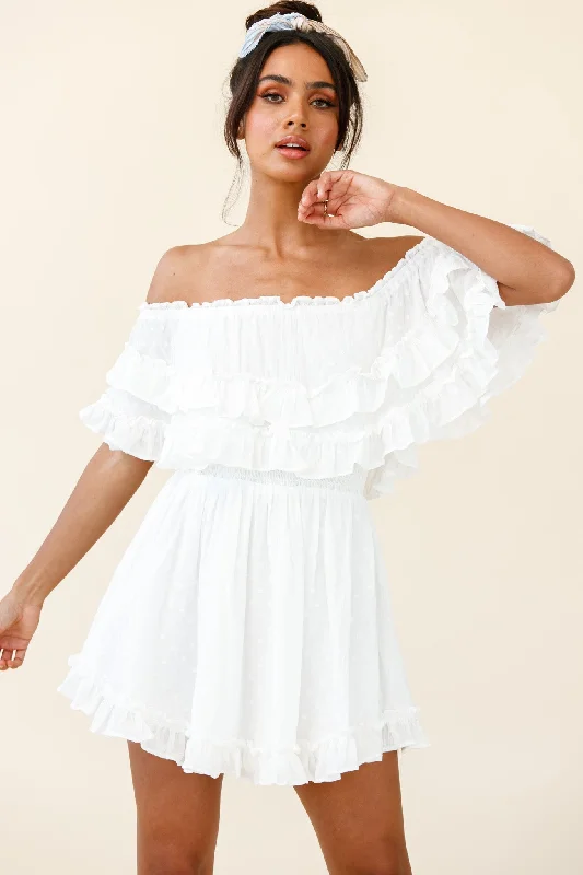 Halter neck cocktail dress-Meet Me At Sunset Bardot Neckline Frill Trim Dress Spotty White