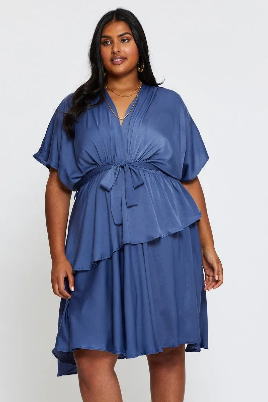 Short sleeve maxi dress-Mid Blue Skater Dress V-neck Batwing Sleeve Tie