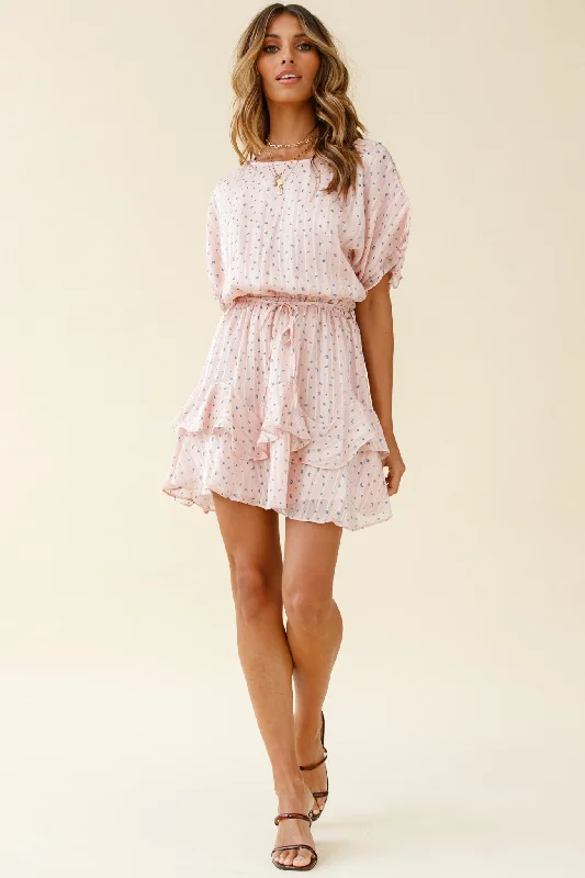 Lace sundress-Mollina Frill Sleeve Layered Hem Dress Spot Print Blush